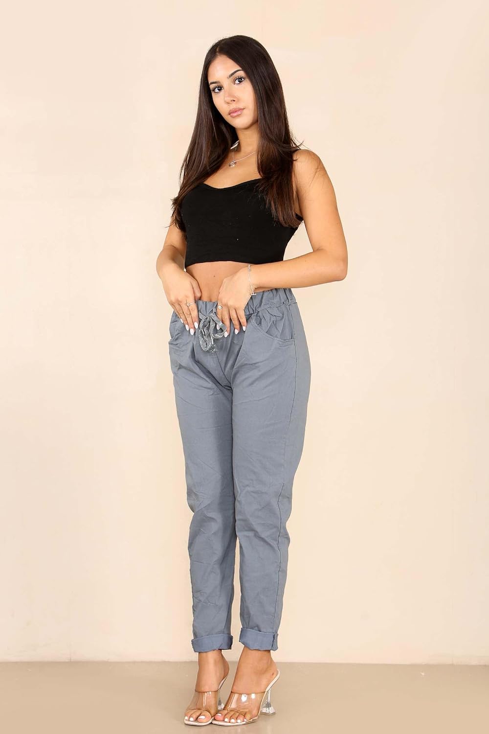 Plus Size Italian Glitter Drawstring Waistband Magic Pants For Women  - Dropwear
