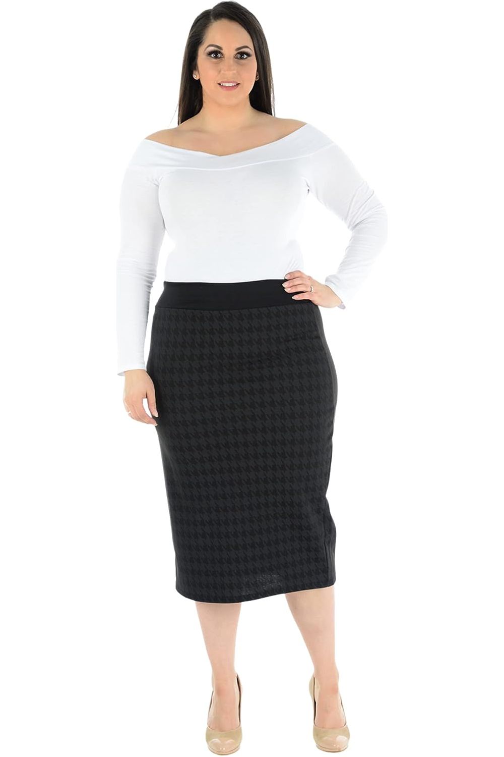 Black Plus Size Midi Skirt Dogtooth For Women 12-14 - Dropwear