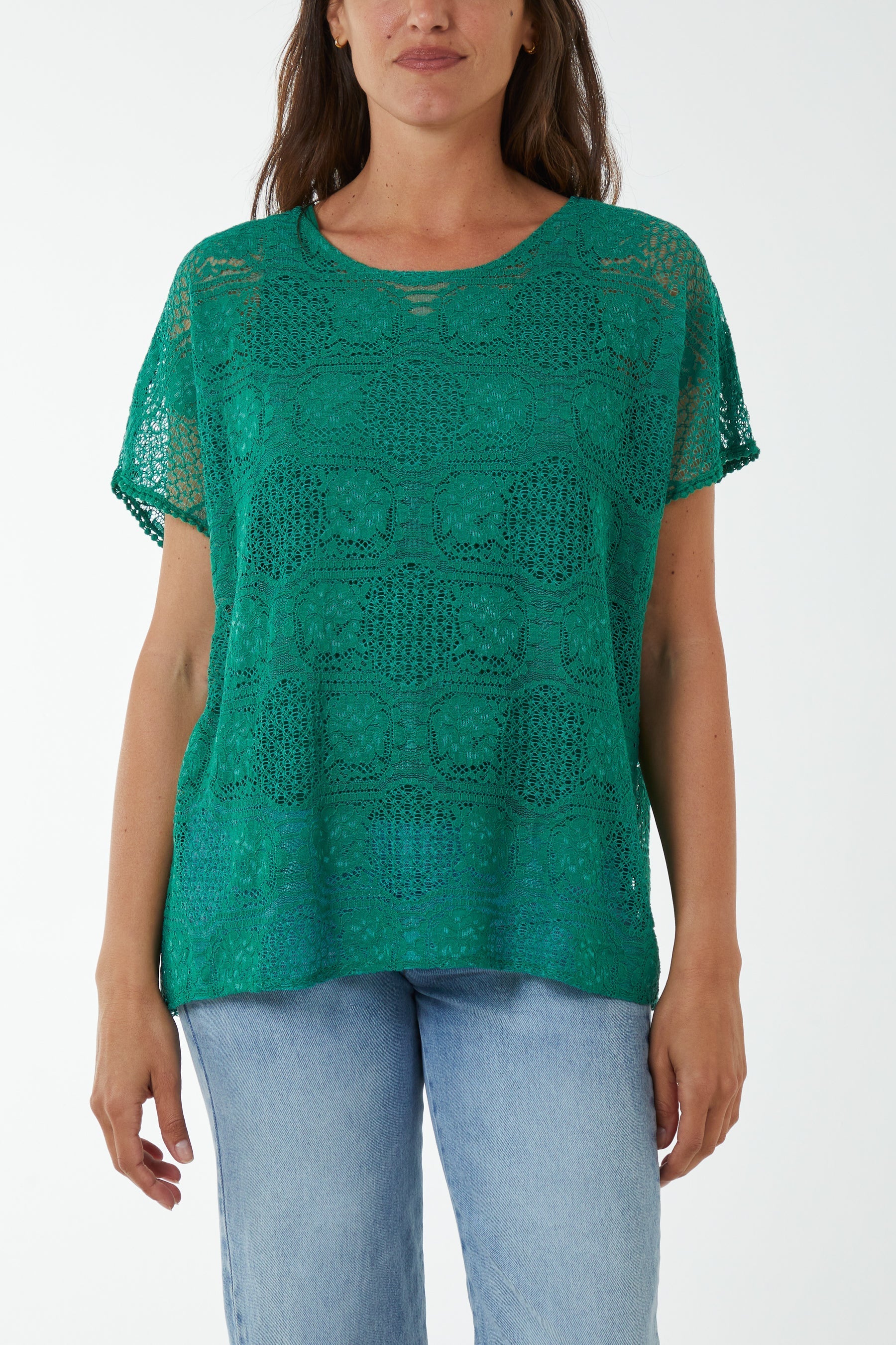 Green Short Sleeve Round Neck Lace Top For Women ONE SIZE - Dropwear