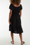 Light Blue Bardot Shirred Bodice Tiered Dress For Women ONE SIZE - Dropwear