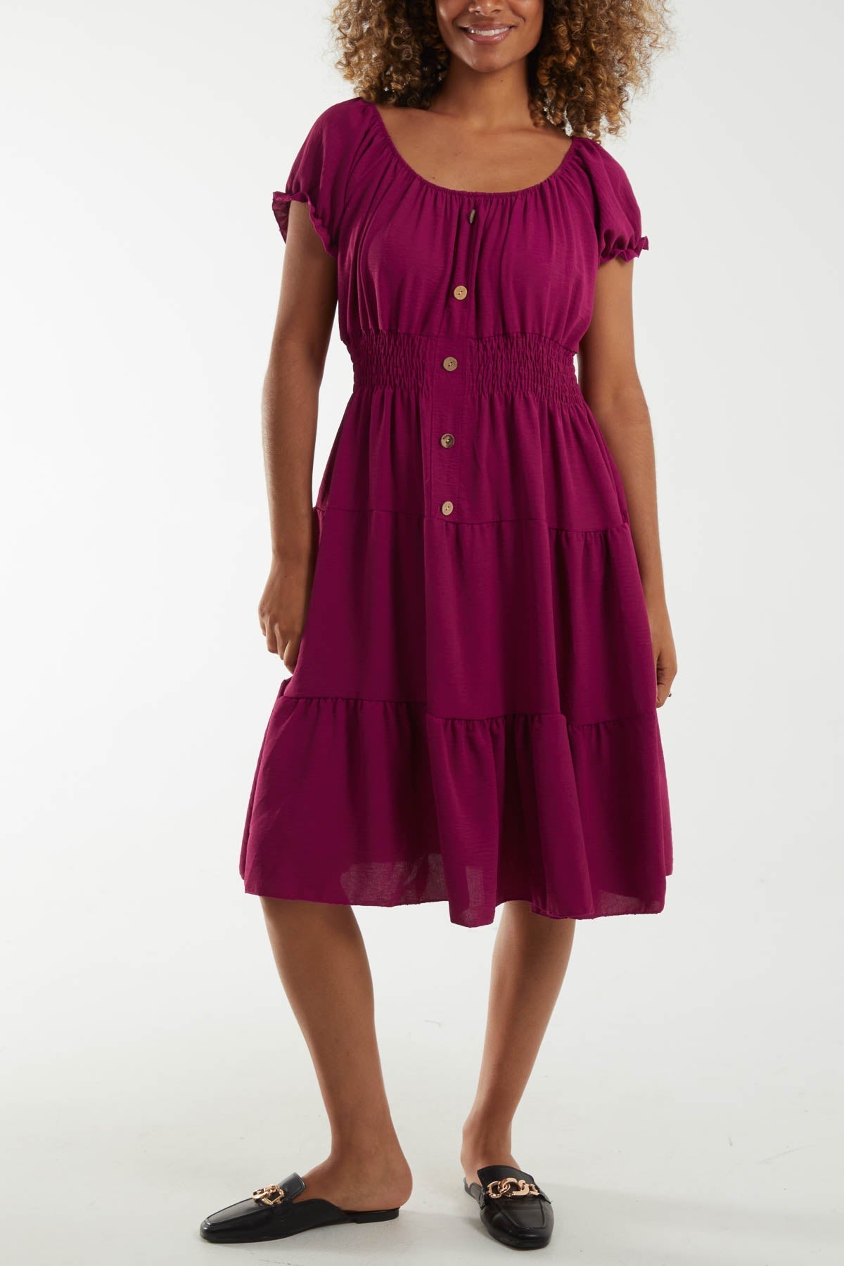 Bardot Shirred Bodice Tiered Dress For Women  - Dropwear