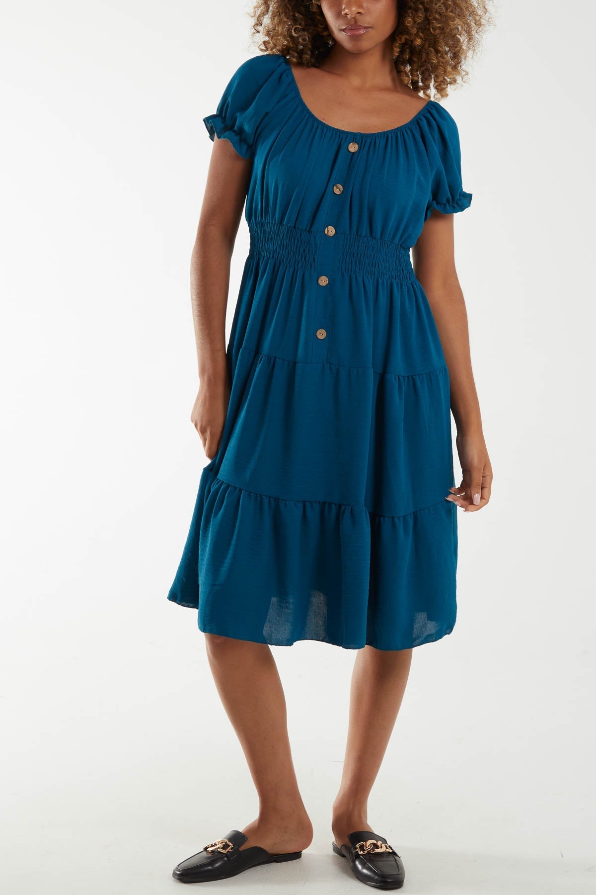 Bardot Shirred Bodice Tiered Dress For Women  - Dropwear