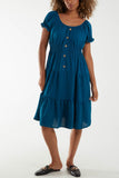 Bardot Shirred Bodice Tiered Dress For Women  - Dropwear