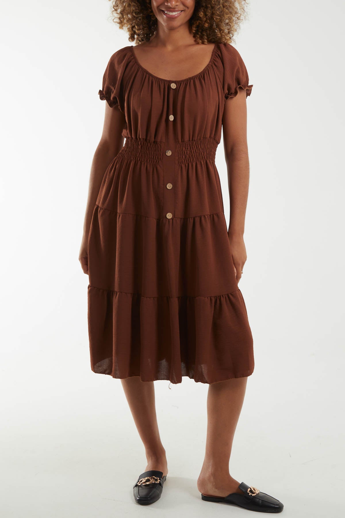 Bardot Shirred Bodice Tiered Dress For Women  - Dropwear
