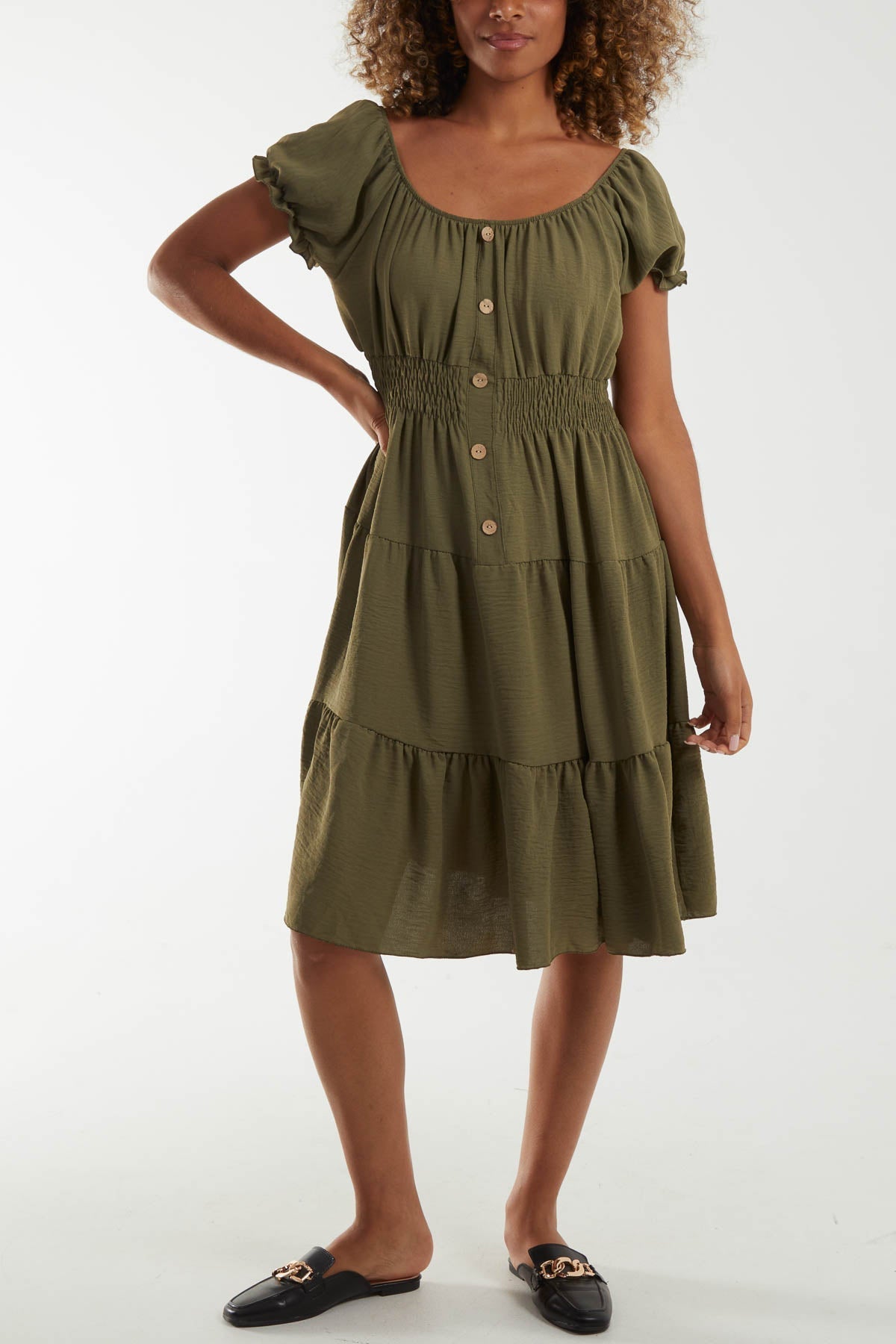 Bardot Shirred Bodice Tiered Dress For Women  - Dropwear