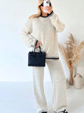 Charcoal Loungewear Wavy Edge Round Neck Pullover & Wide Leg Pants Co-ord For Women M - Dropwear