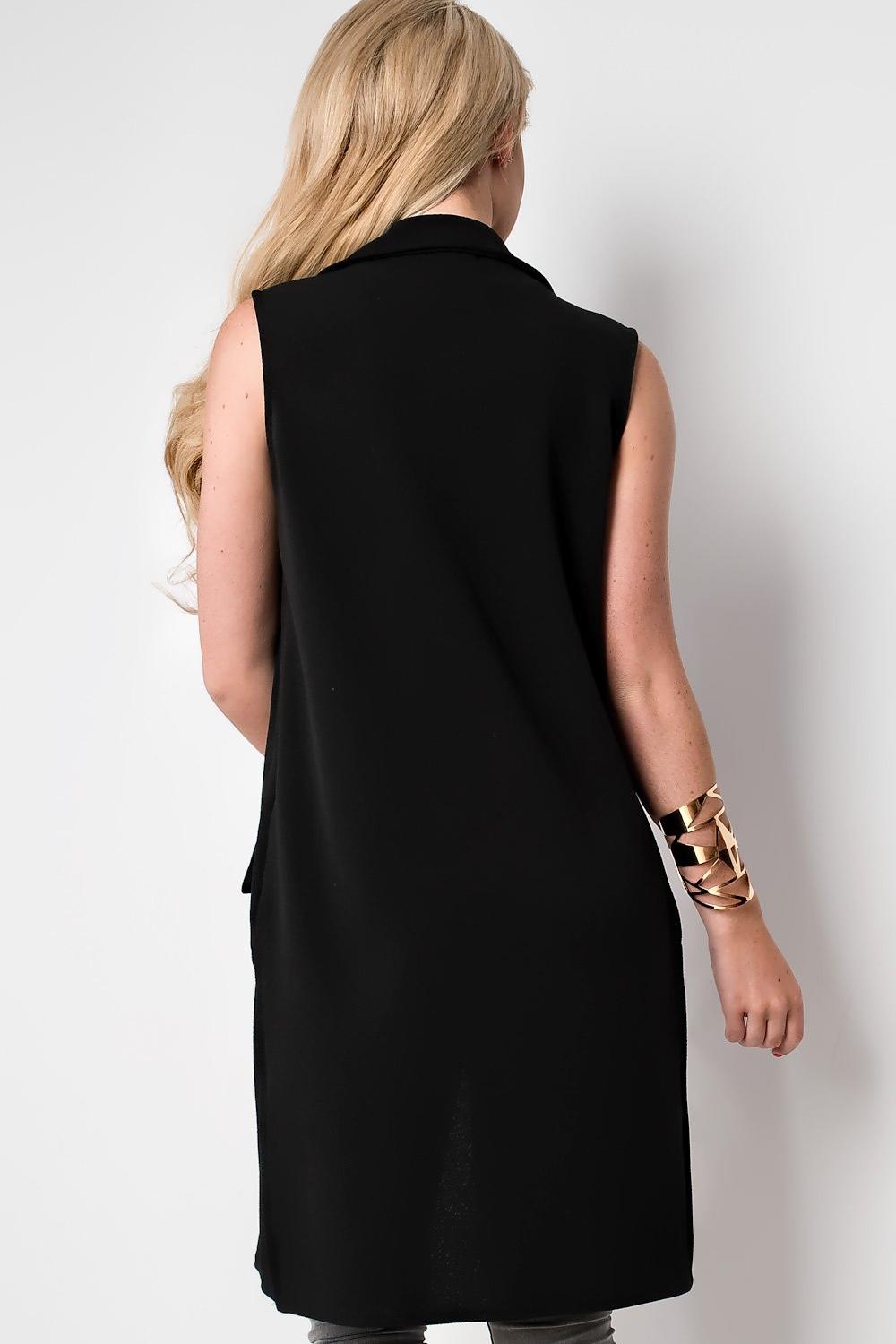 Black Plus Size Crepe Open Long Waistcoat Pocket Top For Women 18 - Dropwear