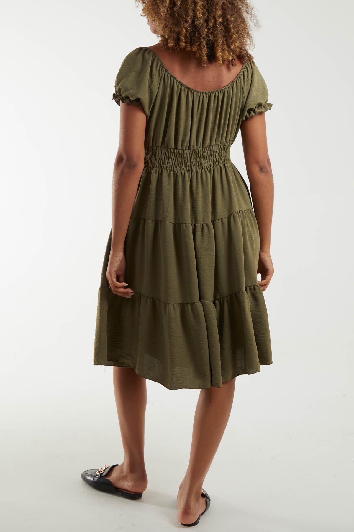 Bardot Shirred Bodice Tiered Dress For Women  - Dropwear