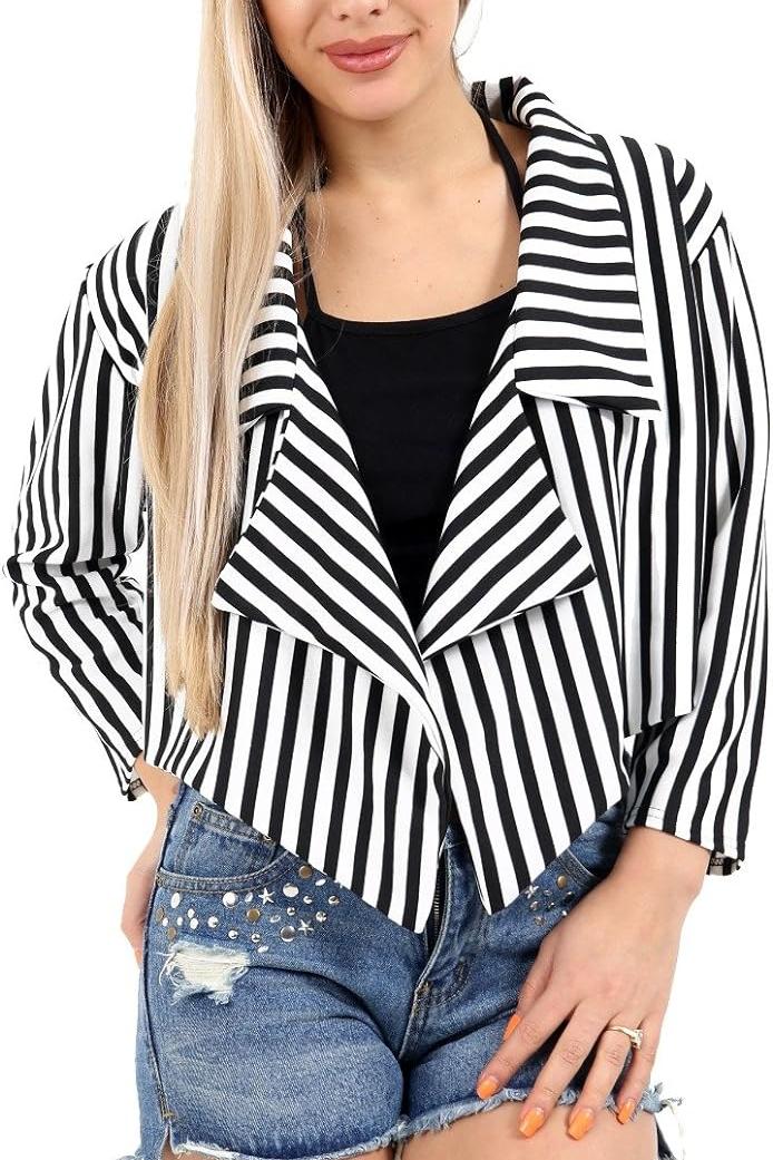 Black White Plus Size Cropped Waterfall Blazer Striped Print For Women 16-18 - Dropwear