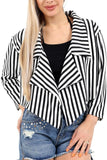 Black White Plus Size Cropped Waterfall Blazer Striped Print For Women 16-18 - Dropwear
