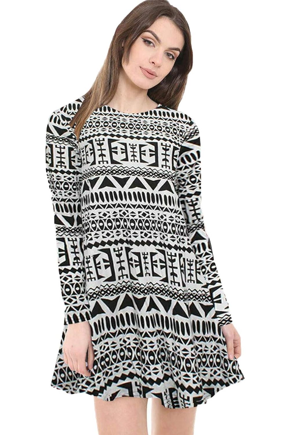 Big Aztec Plus Size Big Aztec Print Long Sleeve Swing Dress Top For Women 16-18 - Dropwear