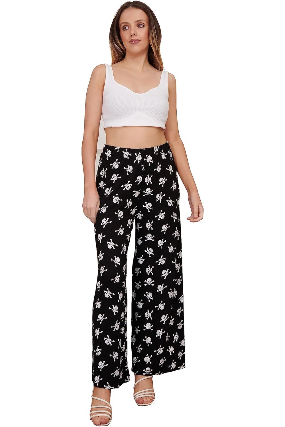 Black Skull Bones Print Palazzo Trouser For Women 12-14 - Dropwear