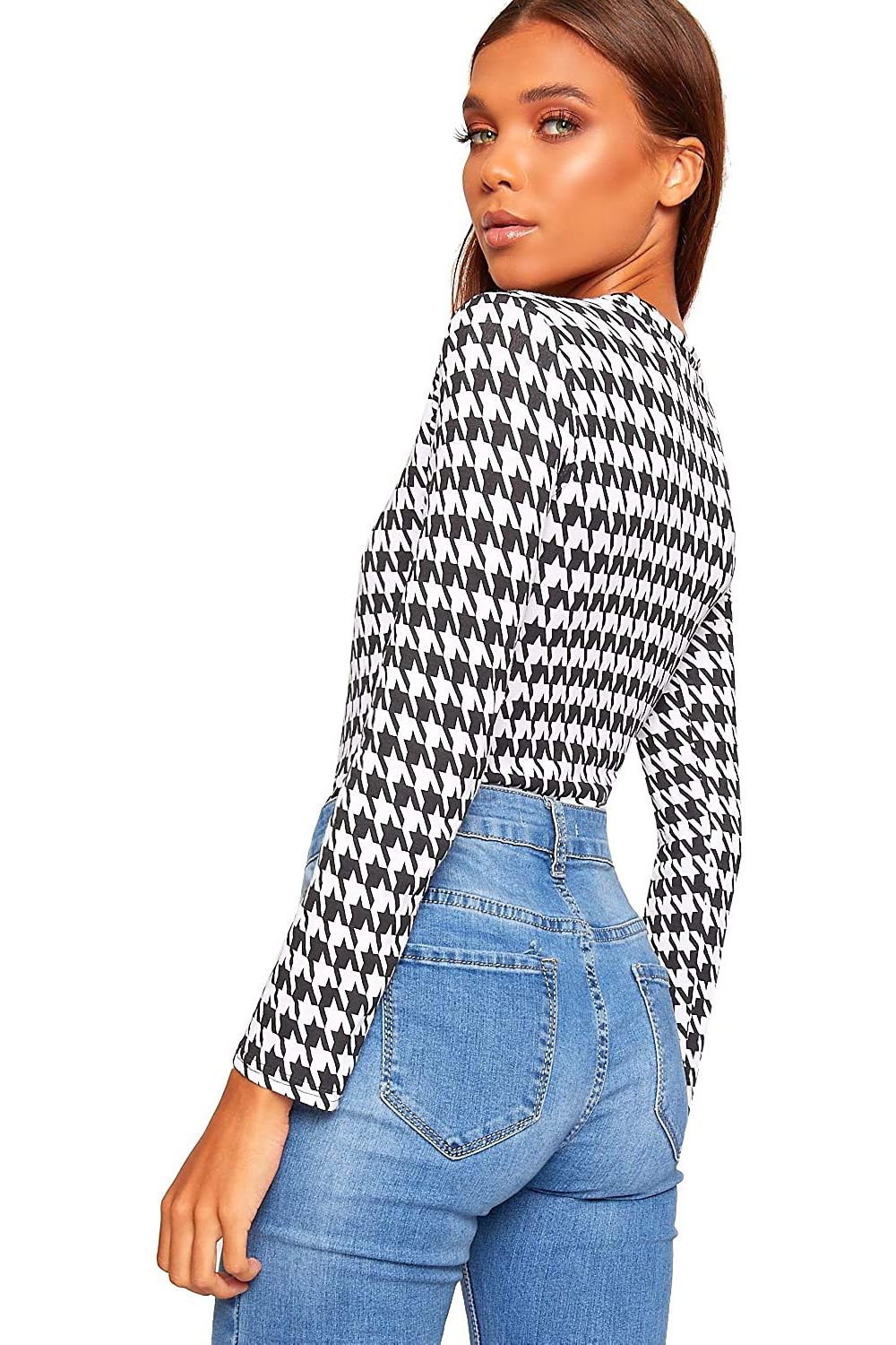 Dogtooth Plus Size Long Sleeve Bodysuit Turtle Neck Dogtooth For Women 24-26 - Dropwear