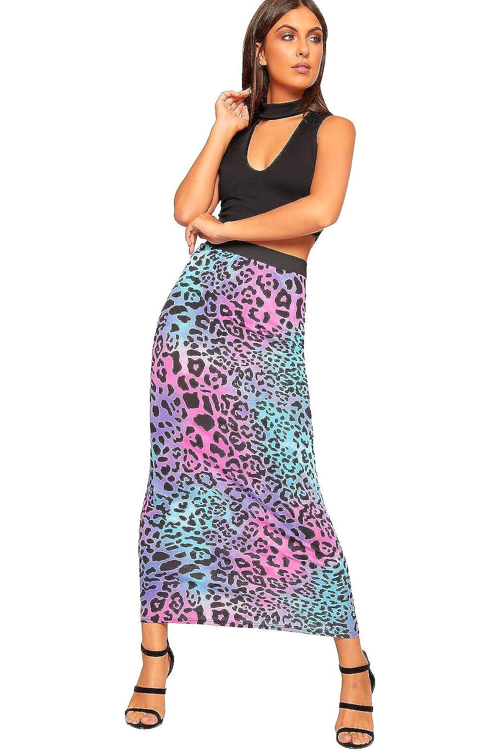Pink Animal Plus Size High Waist Stretch Long Maxi Skirt For Women 16-18 - Dropwear