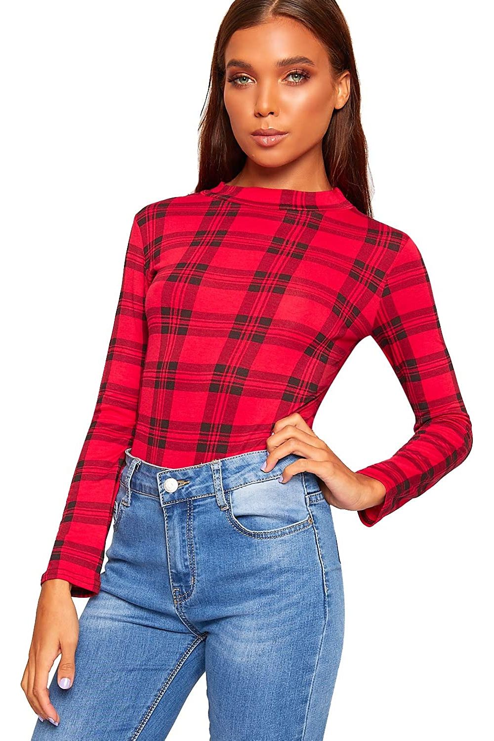 Red Tartan Plus Size Long Sleeve Bodysuit Turtle Neck Red Tartan For Women 20-22 - Dropwear