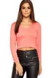 Coral V Neck Long Sleeve Crop Top For Women 12-14 - Dropwear