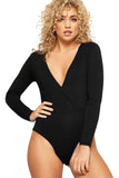 Black Plus Size Wrap Over V Neck Plunge Long Sleeve Bodysuit For Women 16-18 - Dropwear