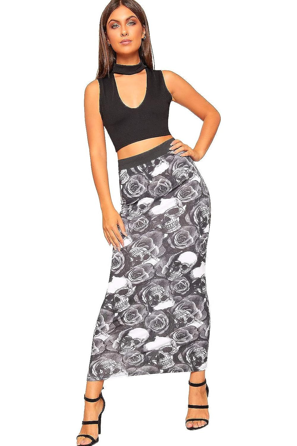 Black White Tartan Plus Size High Waist Stretch Long Maxi Skirt For Women 16-18 - Dropwear