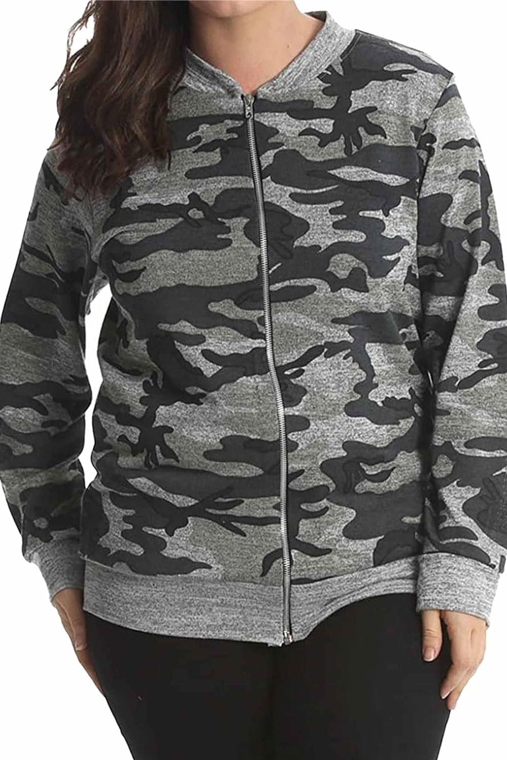 Green Knitted Camouflage Print Bomber Jacket Top For Women 14 - Dropwear