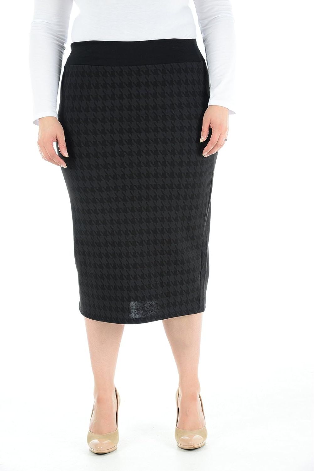Black Plus Size Midi Skirt Dogtooth For Women 16-18 - Dropwear