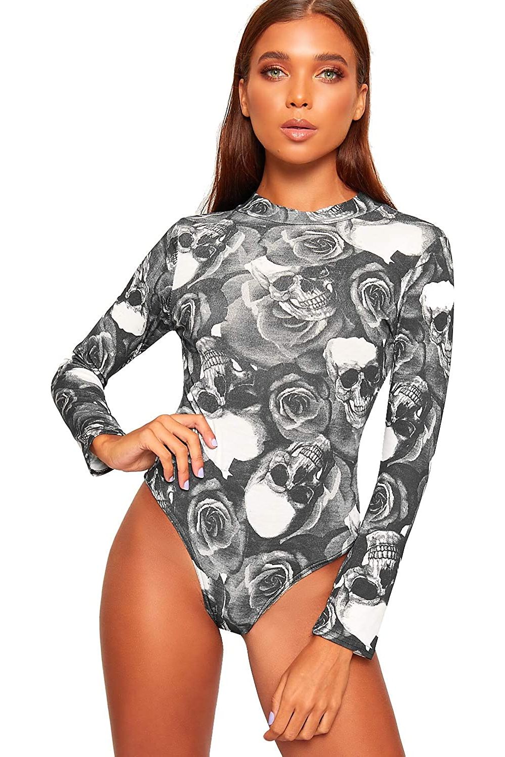 Skull Roses Long Sleeve Bodysuit Turtle Neck Skull And Roses For Women 12-14 - Dropwear