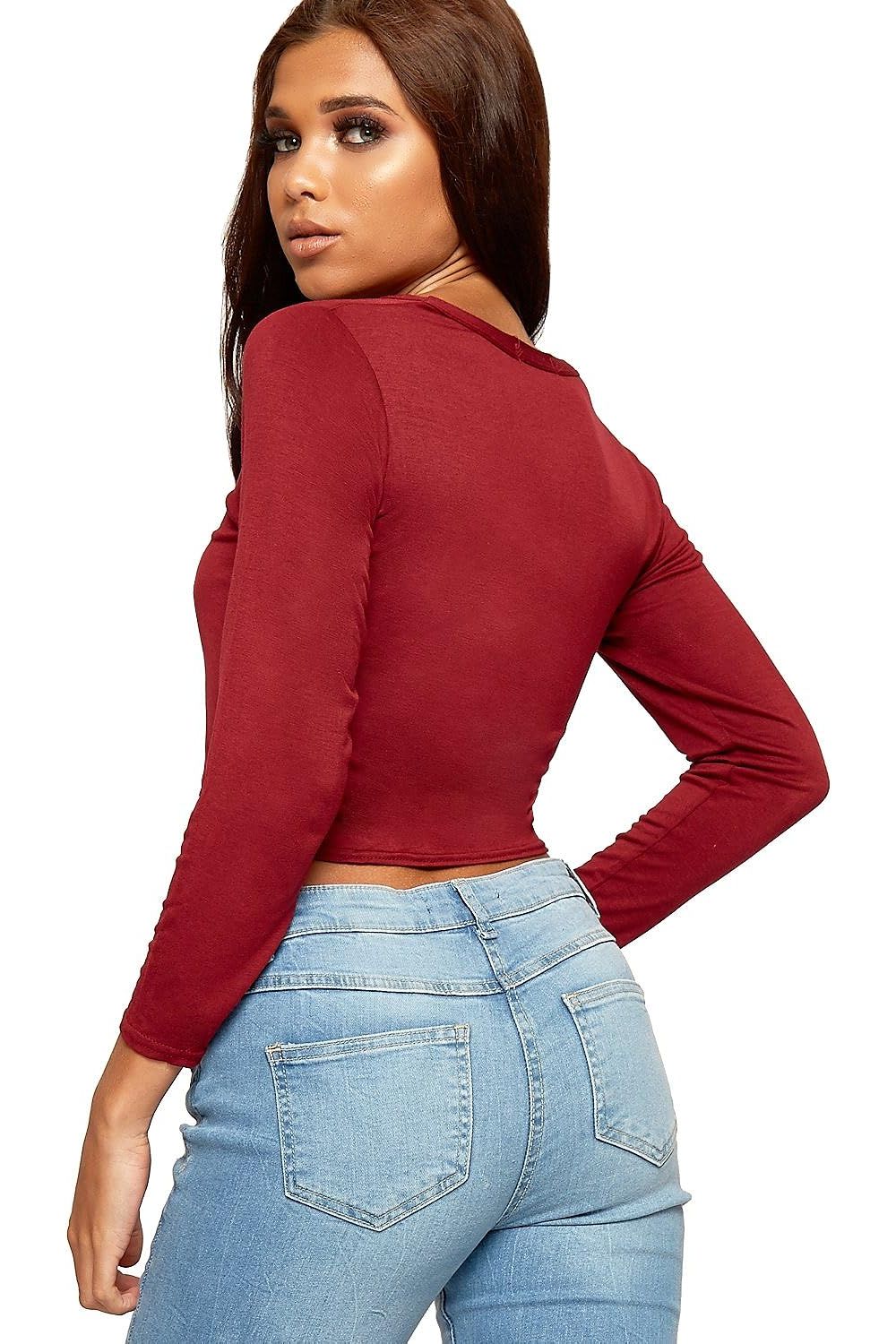 V Neck Long Sleeve Crop Top For Women  - Dropwear