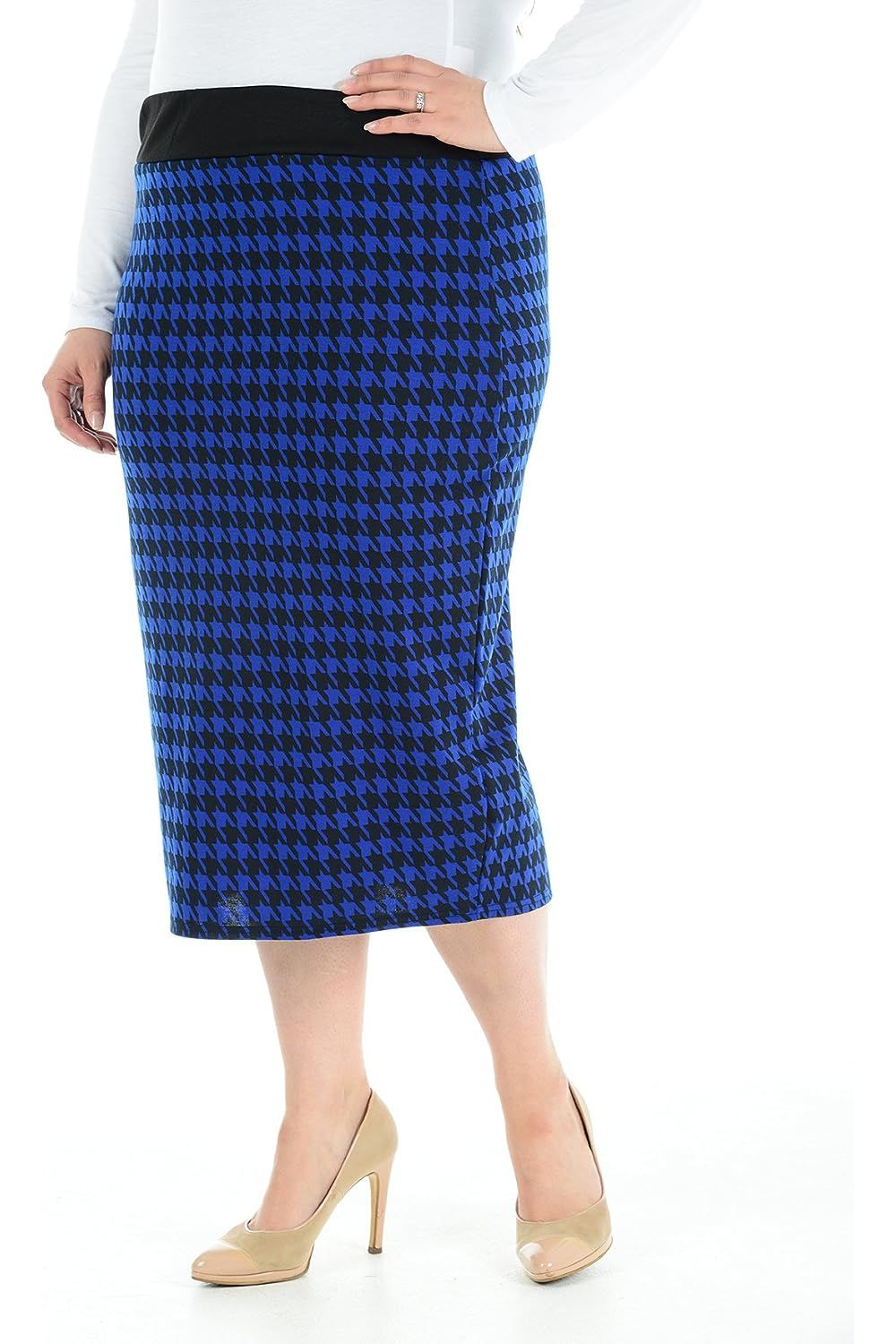 Light Grey Plus Size Midi Skirt Dogtooth For Women 20-22 - Dropwear