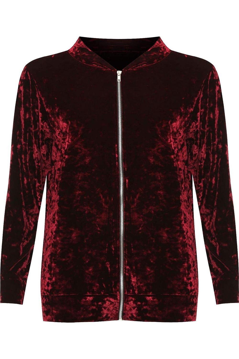 Wine Long Sleeve Velour Velvet Bomber Jacket For Women 14 - Dropwear