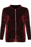 Wine Long Sleeve Velour Velvet Bomber Jacket For Women 14 - Dropwear