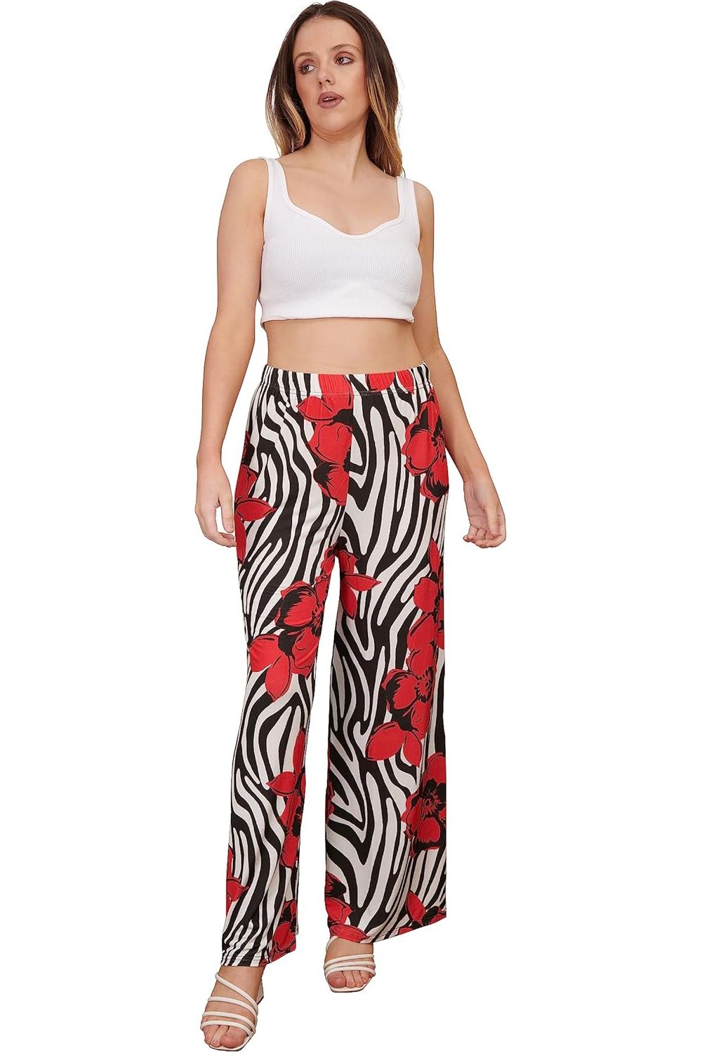 Red Zebra Floral Print Palazzo Trouser For Women 12-14 - Dropwear