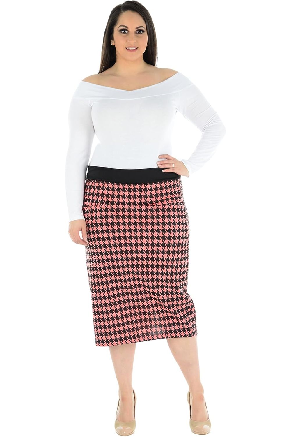 Blue Plus Size Midi Skirt Dogtooth For Women 12-14 - Dropwear