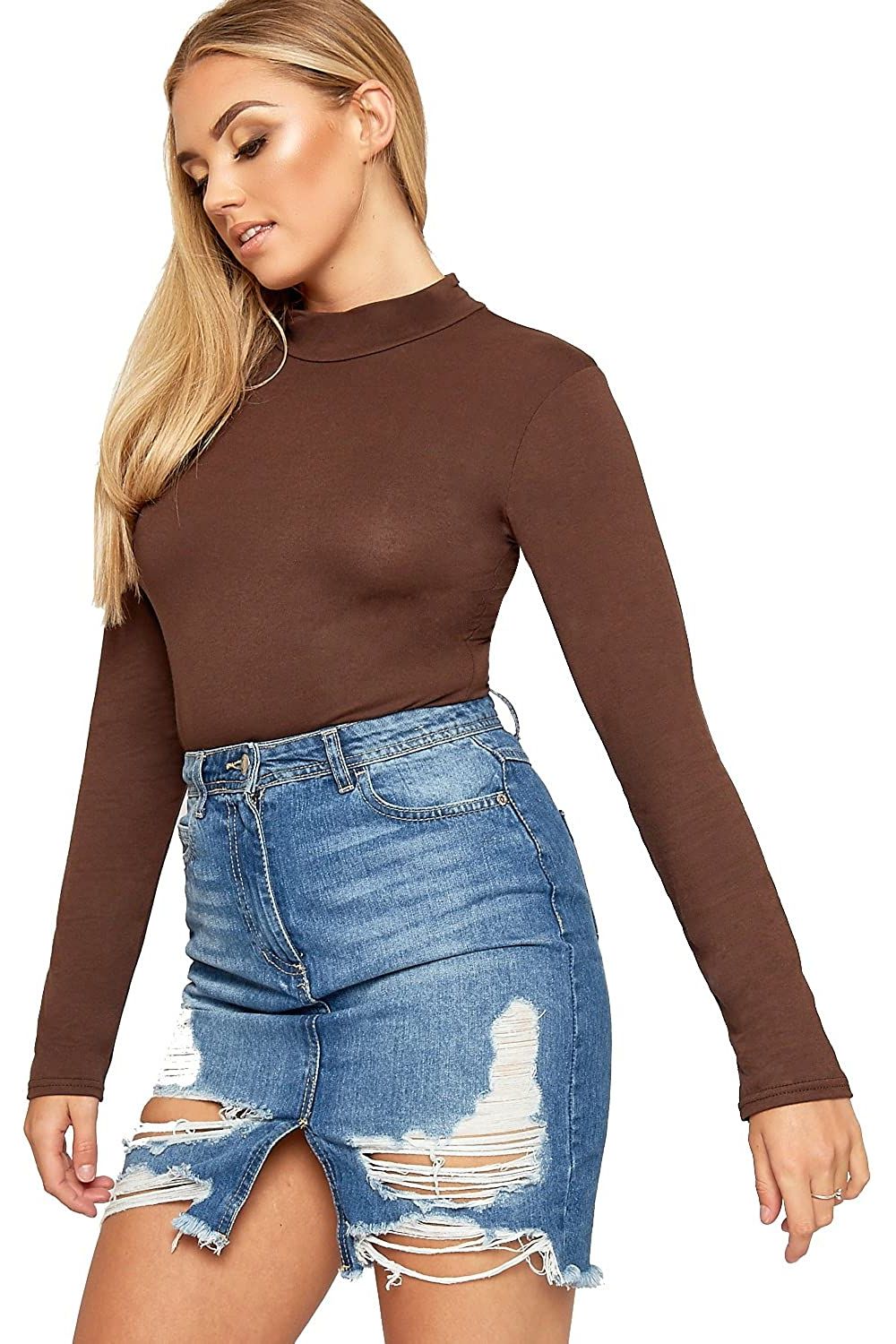Brown Plus Size Long Sleeve Turtleneck Bodysuit For Women 16-18 - Dropwear