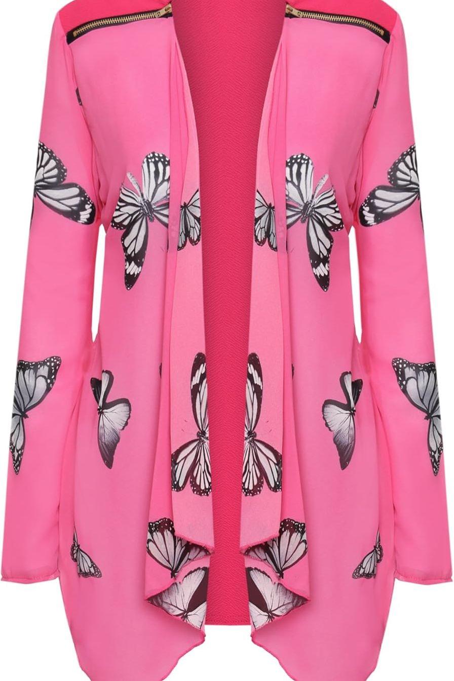 Cream Chiffon Butterfly Print Sheer Cardigan Top For Women 20 - Dropwear