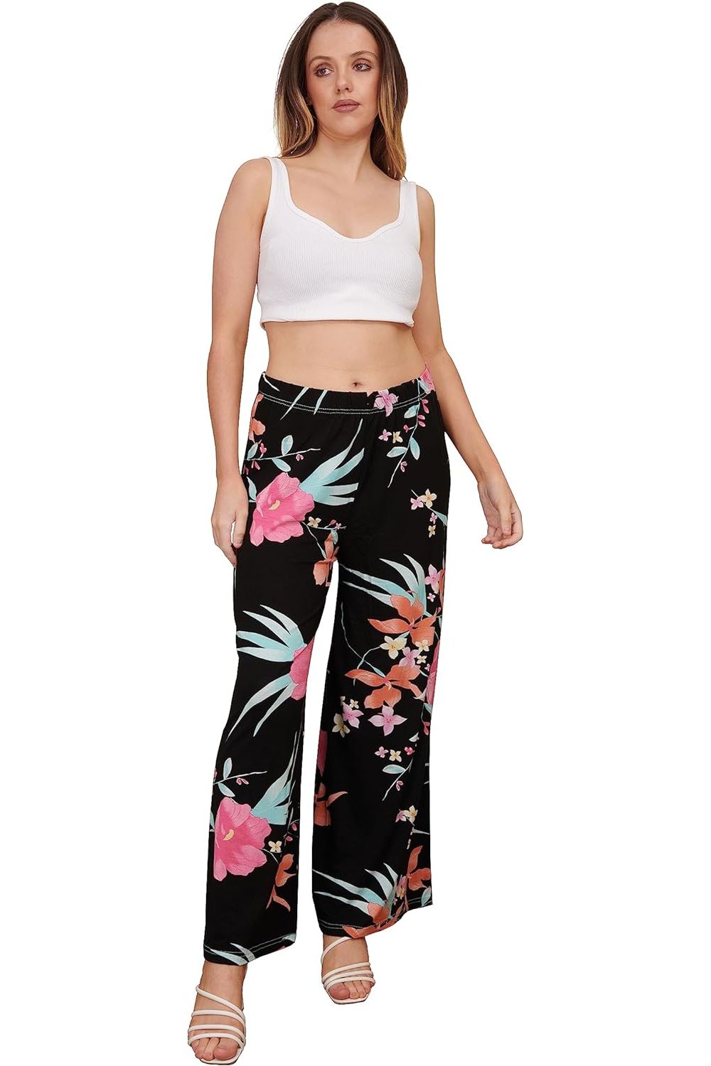 Black Cerise Aqua Floral Print Palazzo Trouser For Women 8-10 - Dropwear