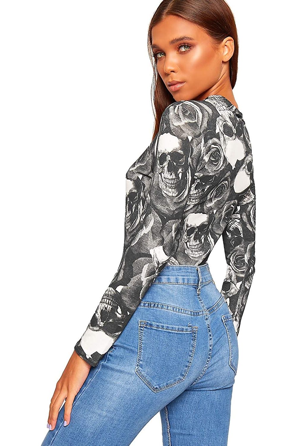 Skull Roses Plus Size Long Sleeve Bodysuit Turtle Neck Skull And Roses For Women 24-26 - Dropwear