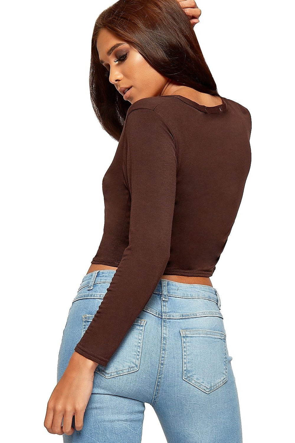 Khaki V Neck Long Sleeve Crop Top For Women 8-10 - Dropwear