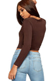 Khaki V Neck Long Sleeve Crop Top For Women 8-10 - Dropwear