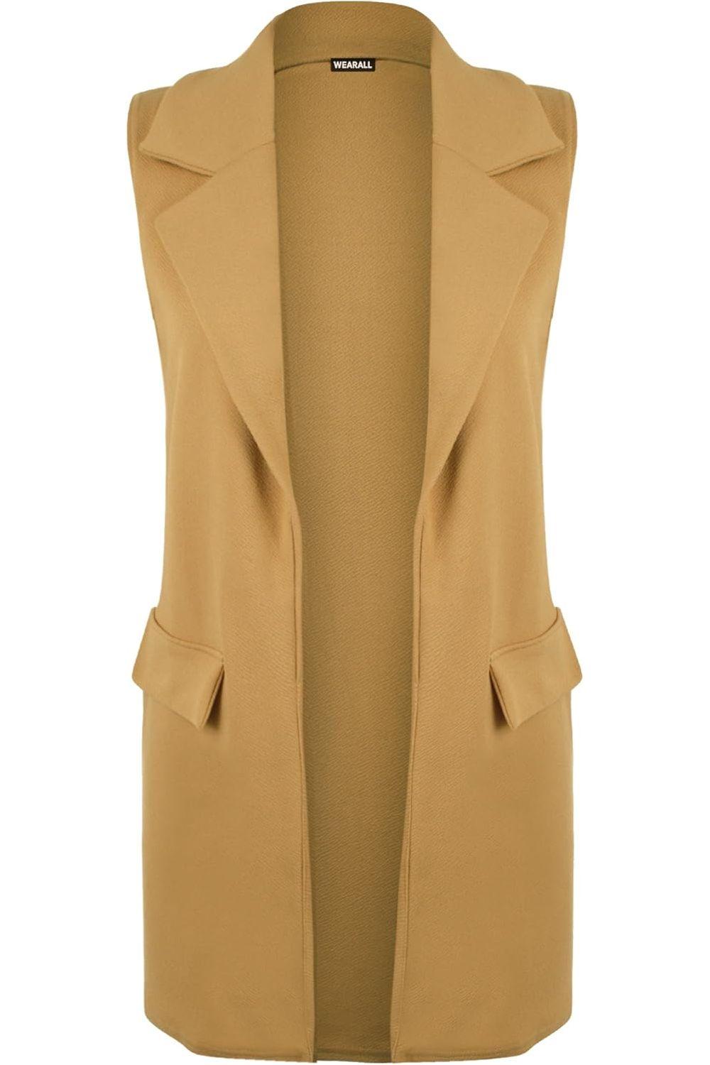 Mocha Plus Size Crepe Open Long Waistcoat Pocket Top For Women 20 - Dropwear
