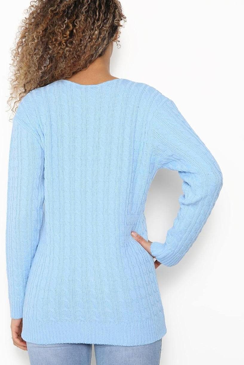 Sky Blue Plus Size Cable Knitted Sweater Top For Women 16-18 - Dropwear