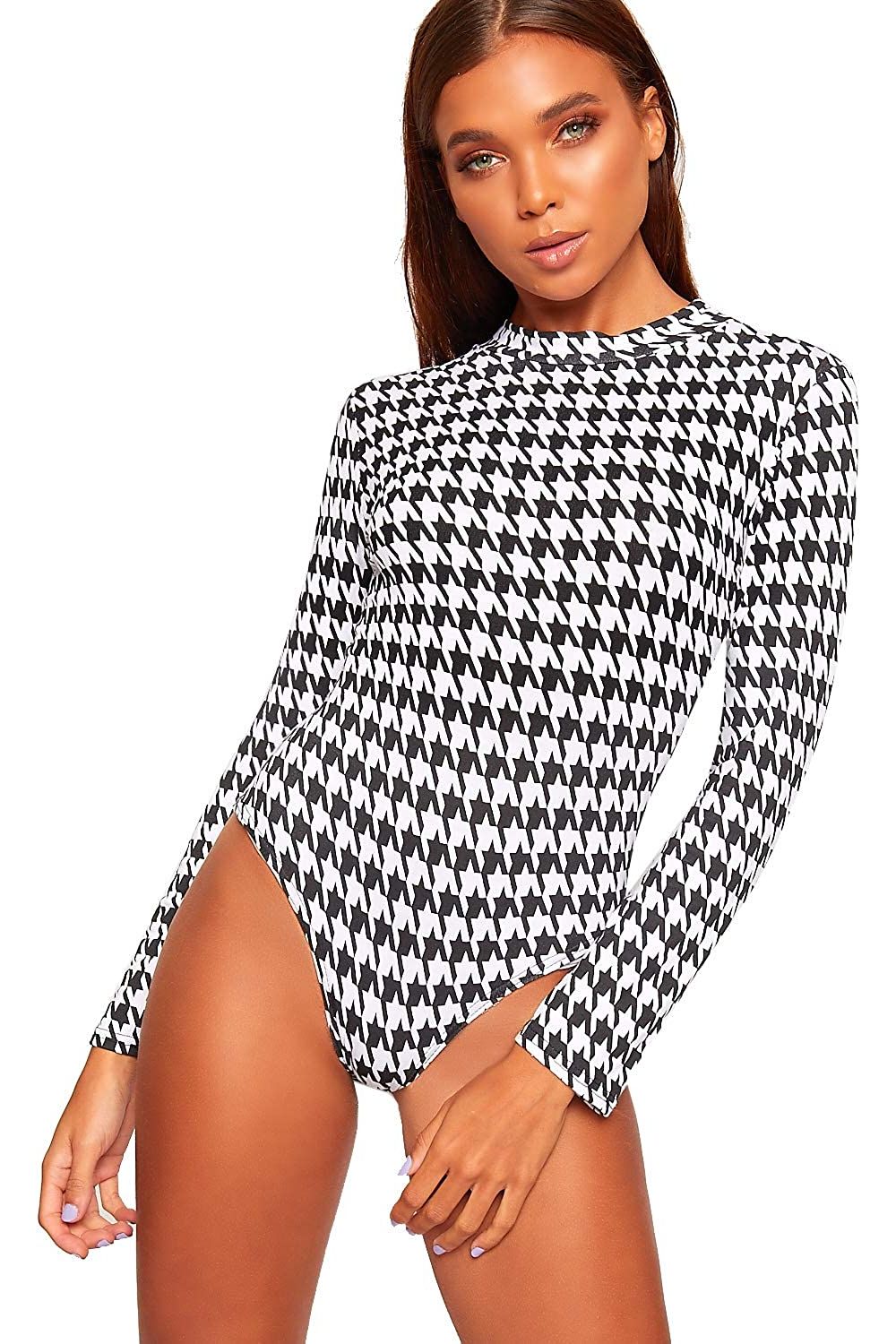 Dogtooth Long Sleeve Bodysuit Turtle Neck Dogtooth For Women 12-14 - Dropwear
