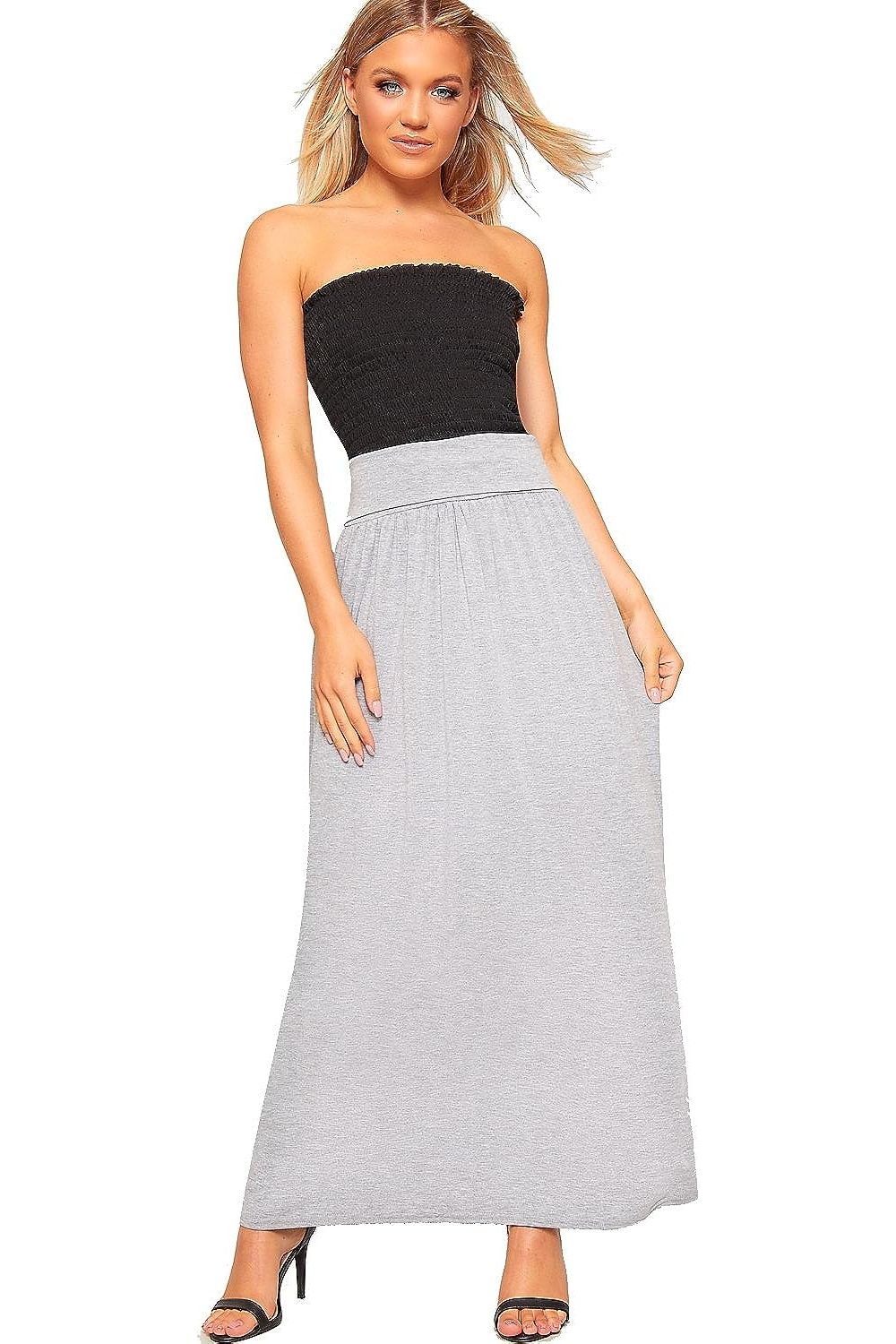 Light Grey Plus Size Pleated Fold Over High Waist Gypsy Long Maxi Skirt For Women 16-18 - Dropwear