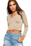 White V Neck Long Sleeve Crop Top For Women 8-10 - Dropwear