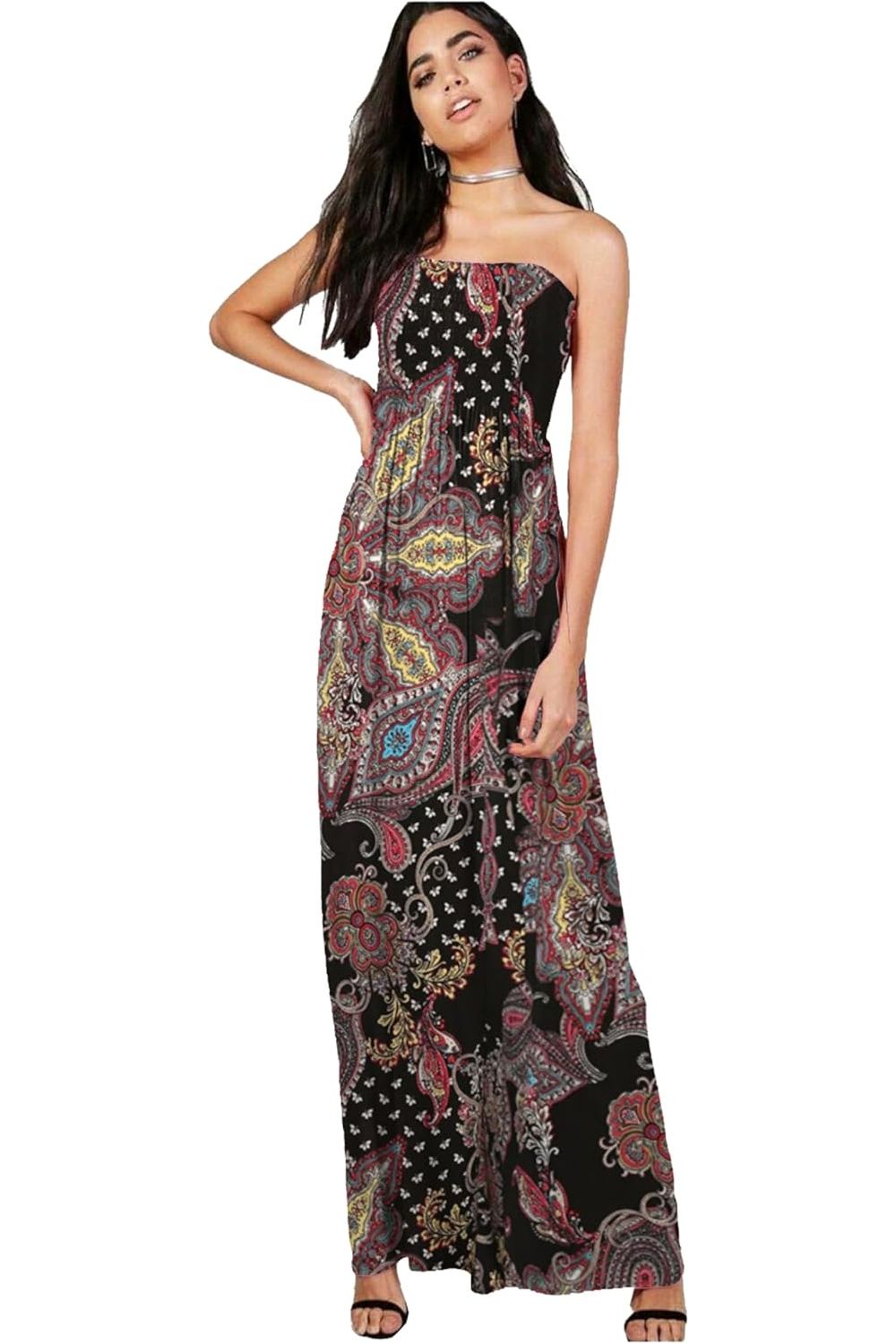 Wine Paisley Wine Paisley Print Strapless Sheering Maxi For Women 8-10 - Dropwear