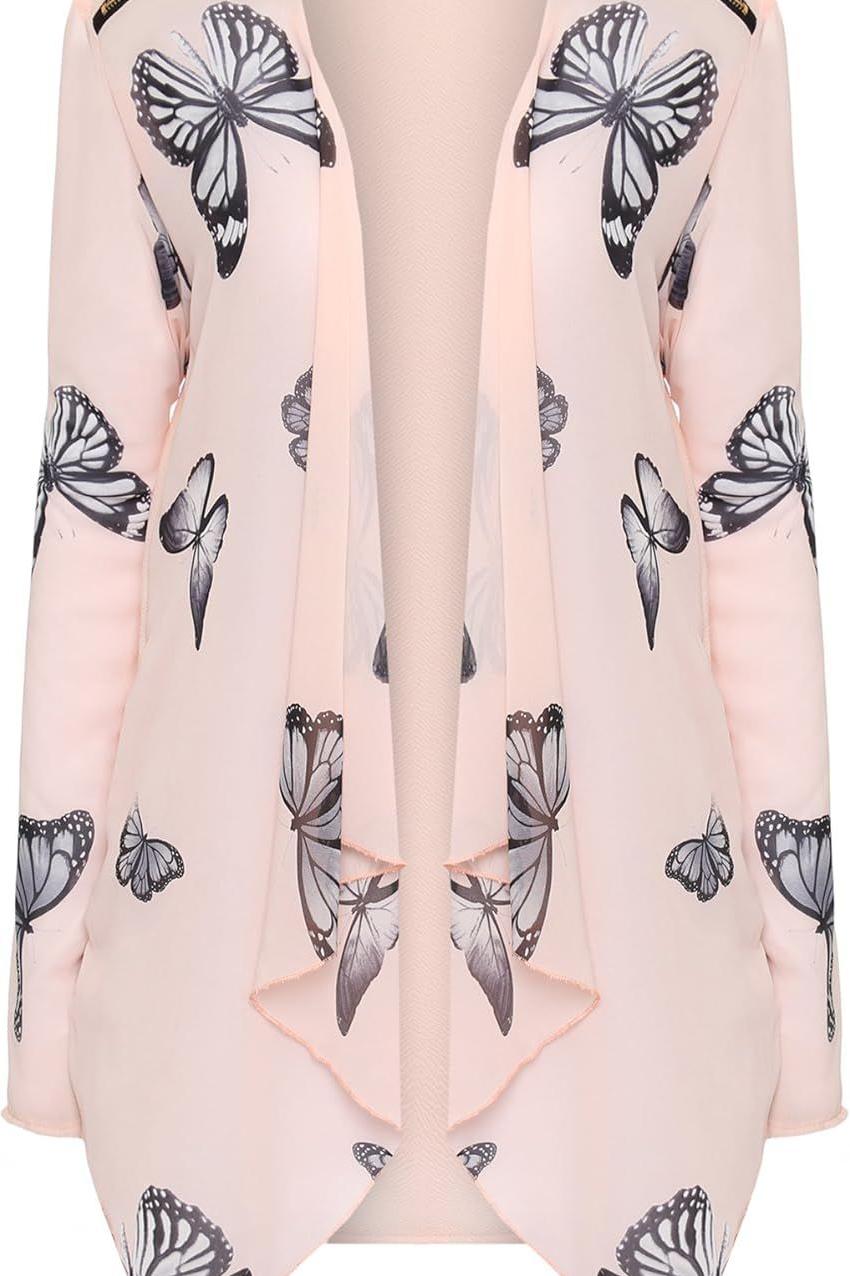 Peach Chiffon Butterfly Print Sheer Cardigan Top For Women 14 - Dropwear