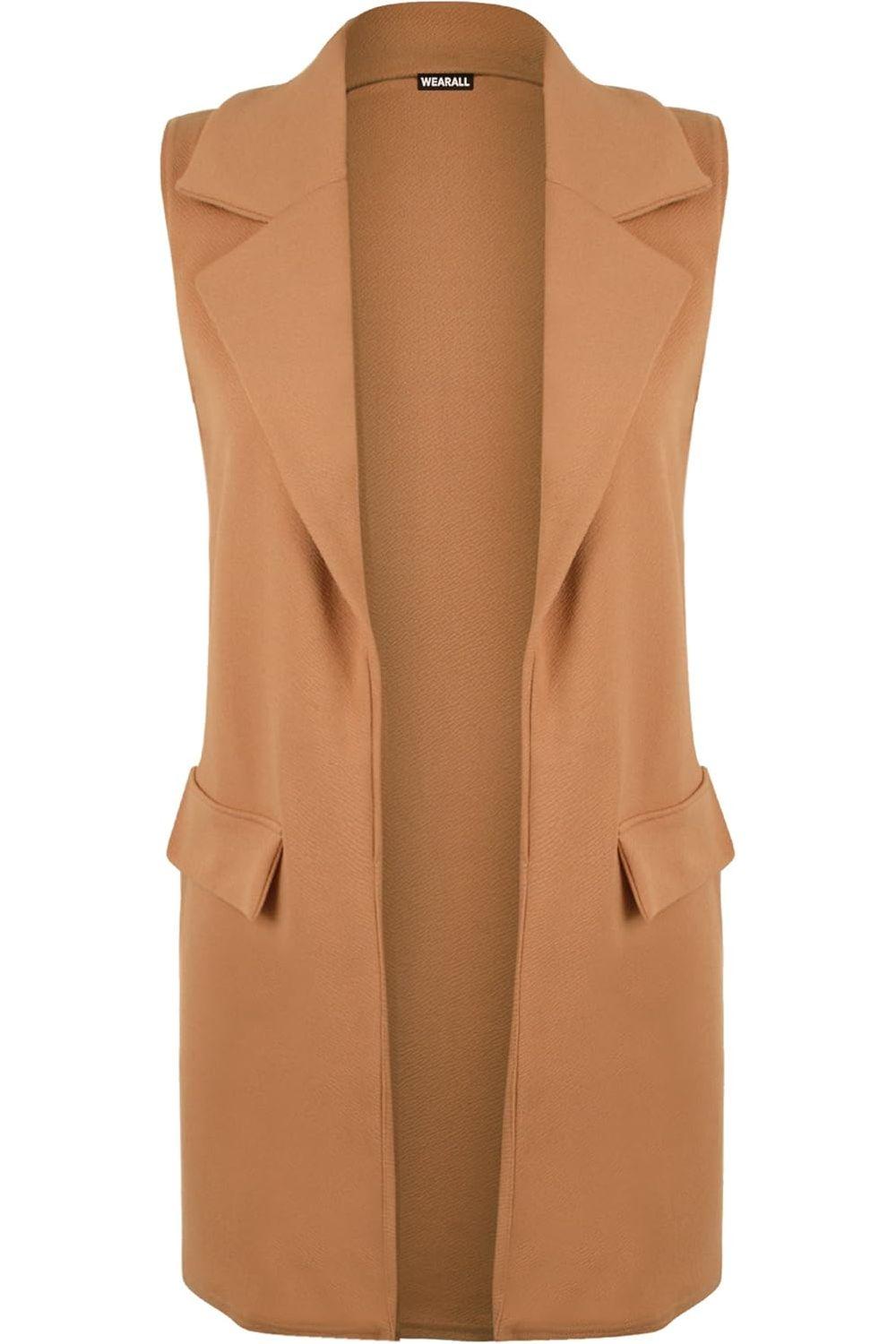 Cream Plus Size Crepe Open Long Waistcoat Pocket Top For Women 20 - Dropwear