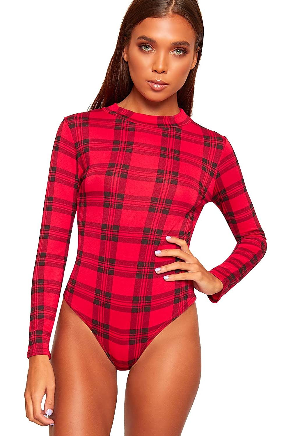 Red Tartan Long Sleeve Bodysuit Turtle Neck Red Tartan For Women 12-14 - Dropwear