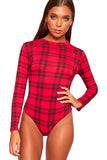Red Tartan Plus Size Long Sleeve Bodysuit Turtle Neck Red Tartan For Women 16-18 - Dropwear