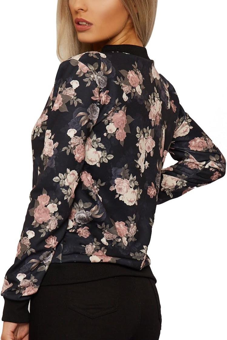 Black Plus Size Floral Bomber Jacket Rose Print For Women 20-22 - Dropwear