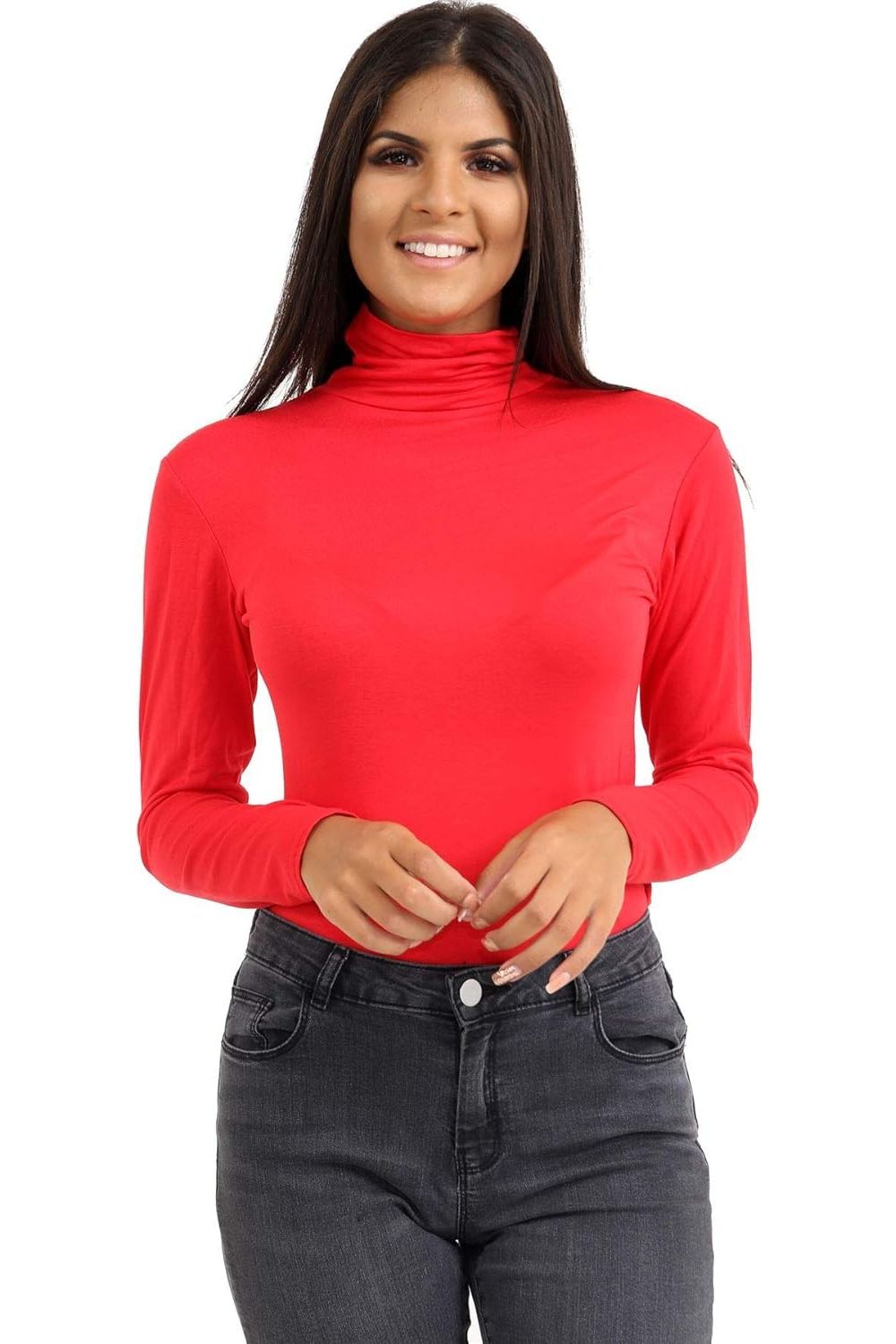 Red Plus Size Turtle Neck Long Sleeve Top For Women 24-26 - Dropwear
