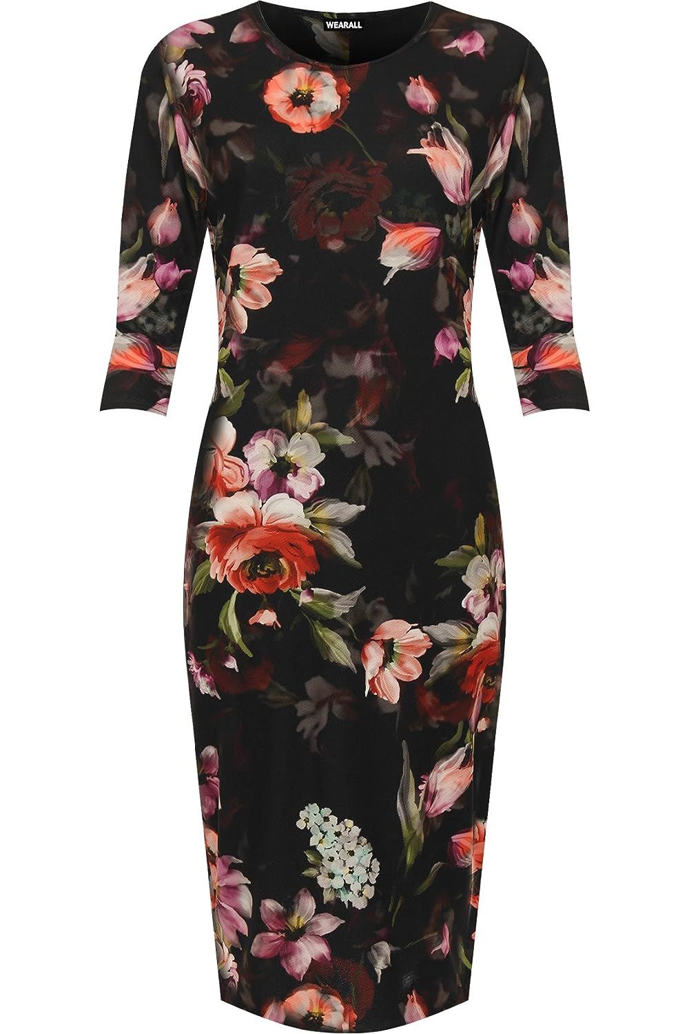 Black Floral Print Crepe New Ladies Bodycon Midi Dress For Women 14 - Dropwear